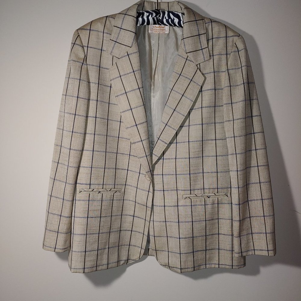 Pendleton Country Sophisticates Vintage Plaid Blazer Silk Blend Sz 14 Cream